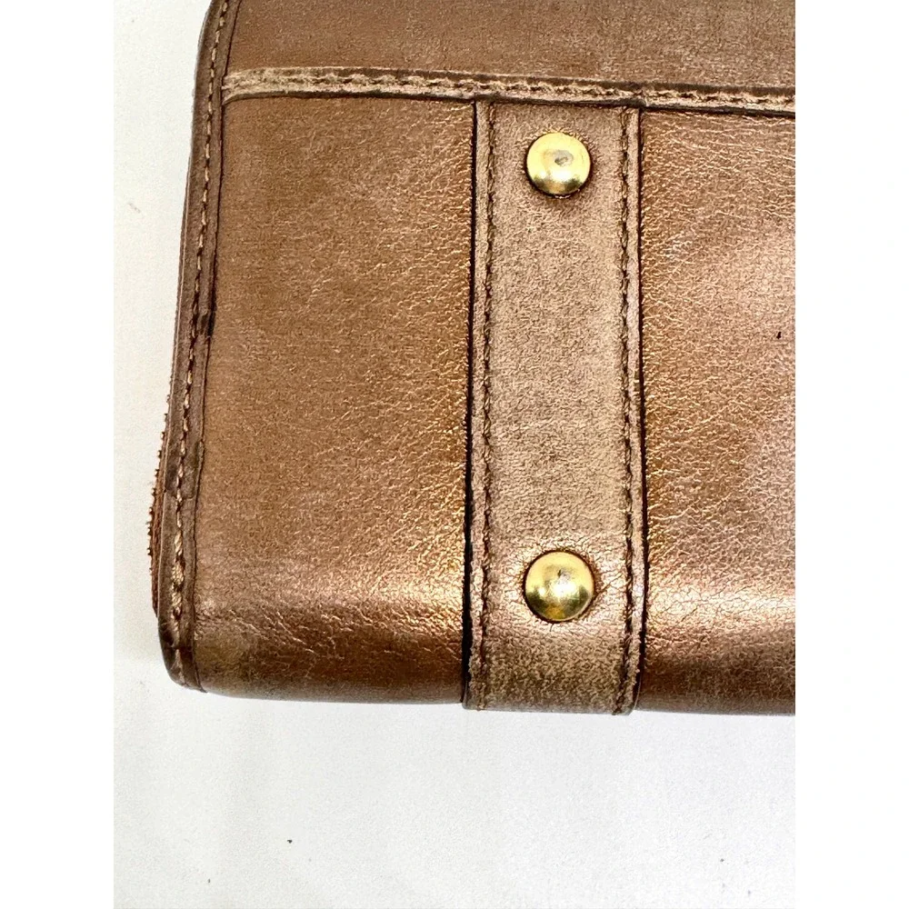 Coach Metallic Bronze Leather Zip Around Buckle Wallet Vintage Y2K Brass Logo